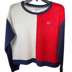 Tommy Hilfiger Mesh Logo Color Block Cropped Shirt Blue Red Medium NWOT
